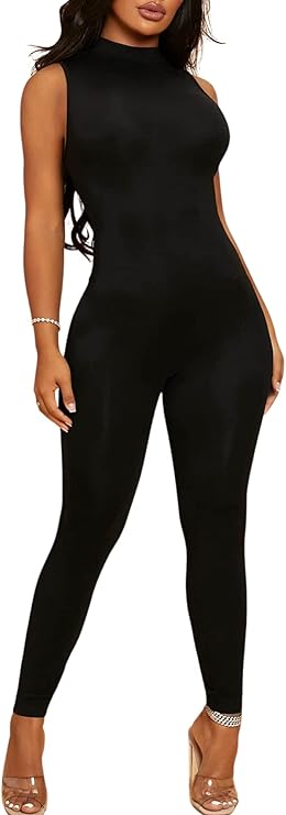 Solid Mock Neck Unitard Jumpsuit