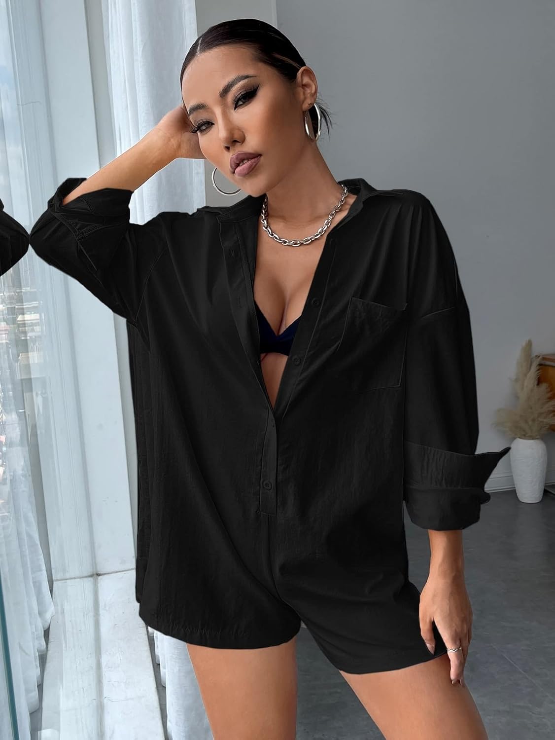 Patched Pocket Drop Shoulder Shirt Romper