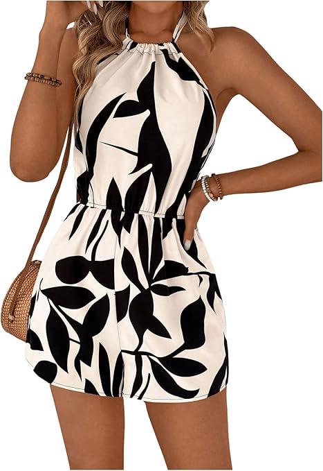 Leaf Printed Halter Neck Elastic Waist Romper