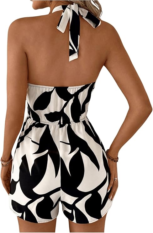 Leaf Printed Halter Neck Elastic Waist Romper