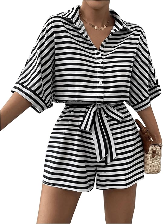 Ladies' Striped Print Belted Jumpsuit With Batwing Sleeves