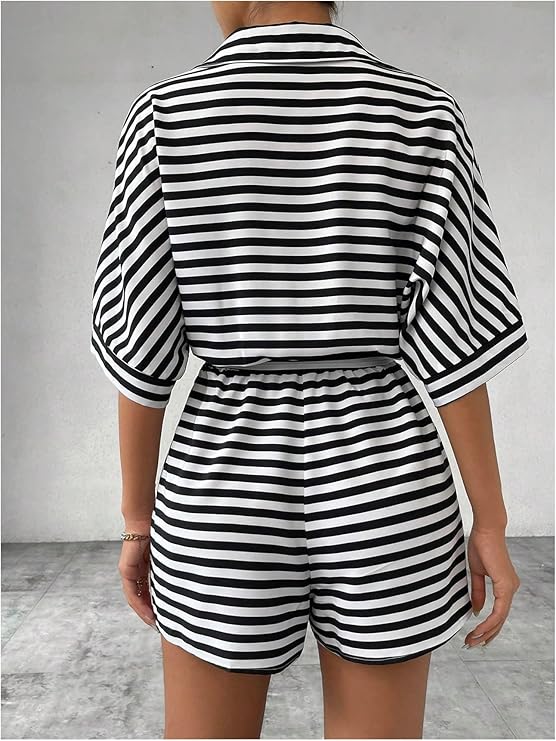 Ladies' Striped Print Belted Jumpsuit With Batwing Sleeves