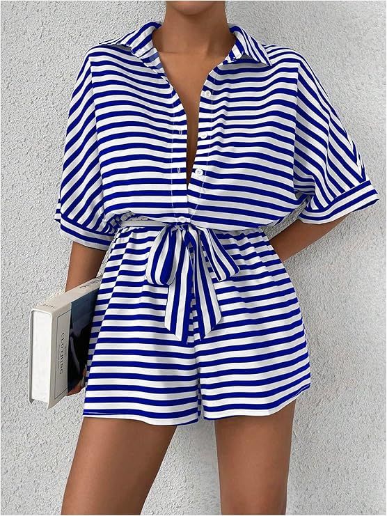 Ladies' Striped Print Belted Jumpsuit With Batwing Sleeves