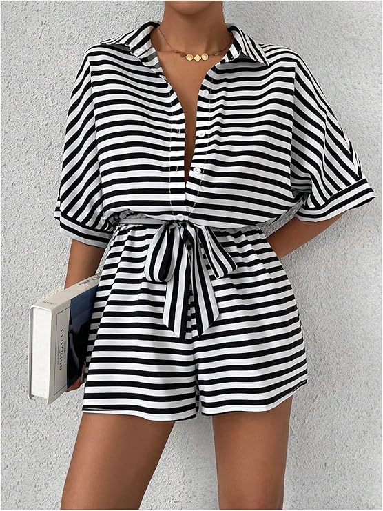 Ladies' Striped Print Belted Jumpsuit With Batwing Sleeves