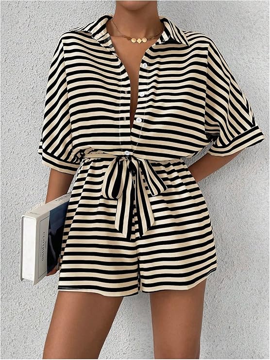 Ladies' Striped Print Belted Jumpsuit With Batwing Sleeves