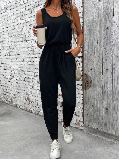 Solid Color Sleeveless Jumpsuit With Pocket