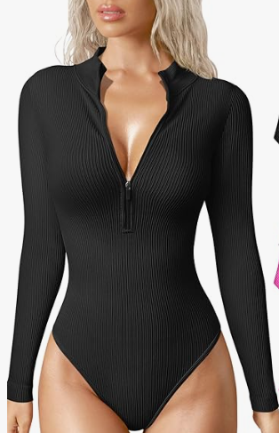 Ribbed Knit Zipper Slim Fit Bodysuit